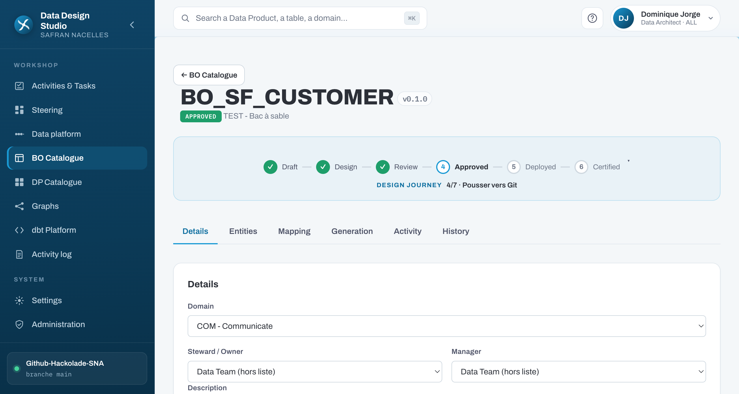 Data Design Studio — workflow gouverné d'un Business Object